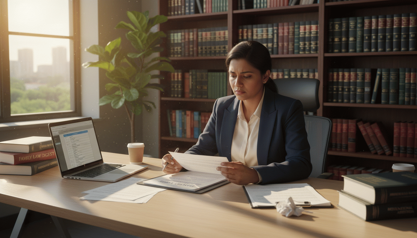 A person translating a divorce decree document with a laptop and legal books in a bright office.
