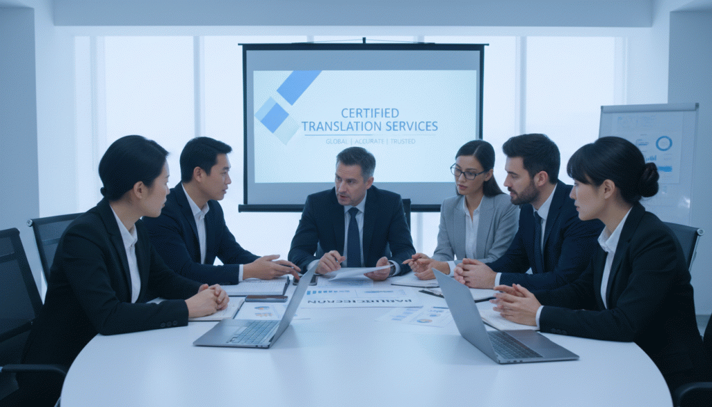 Diverse team discussing board resolution translation in a professional setting.
