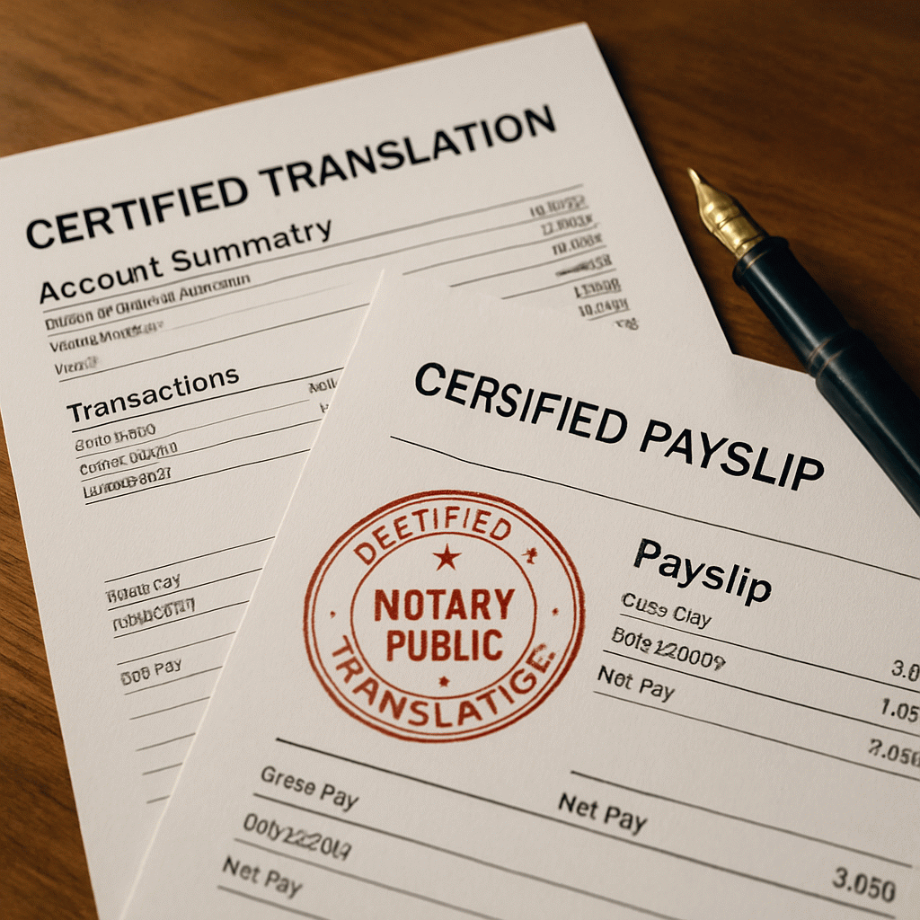 Bank statement and financial document prepared for certified translation