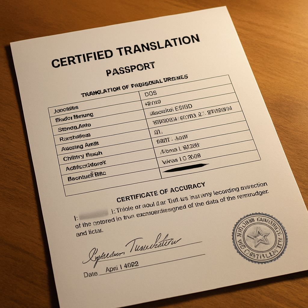 A close up shot of a certified translation document for a passport, featuring a clear translation of