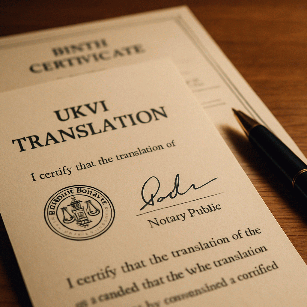 A close up shot of a notarised UKVI translation document on a desk, featuring a notary public's stam