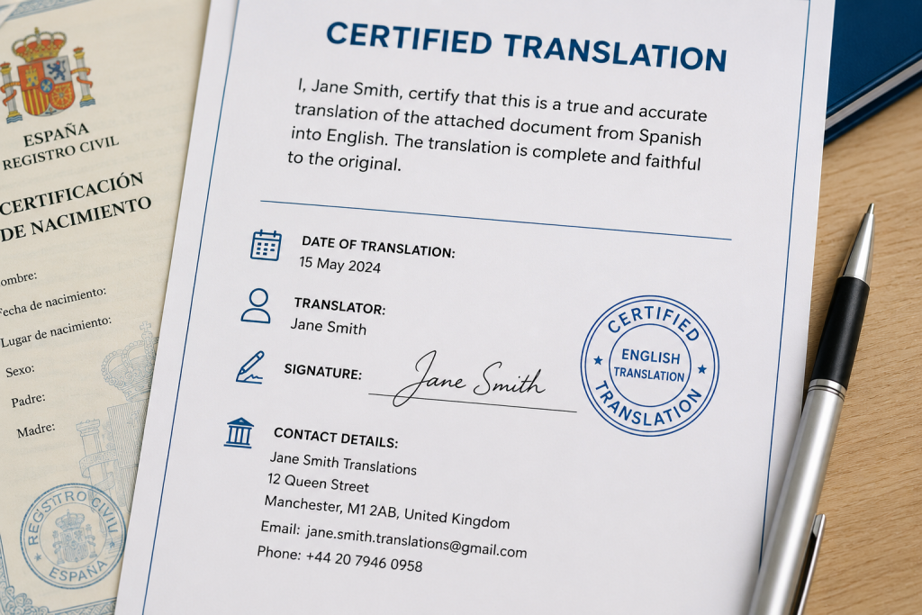 Certified translation page showing translator details, signature, date, and accuracy statement