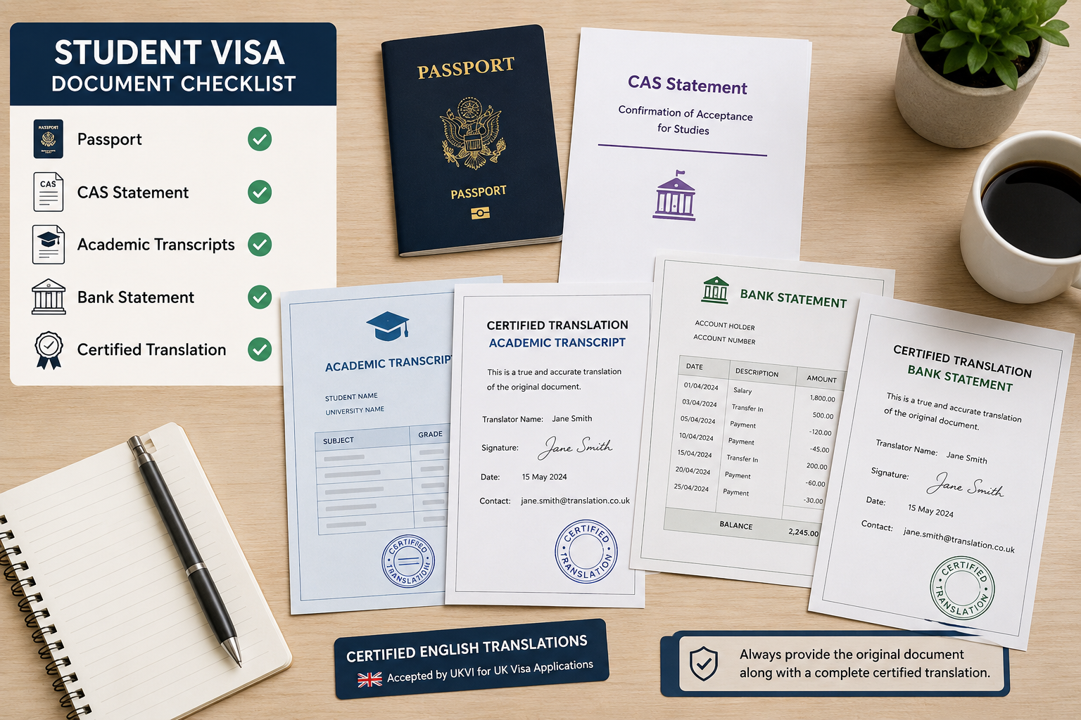 Student visa documents prepared with certified English translations for a UK visa application